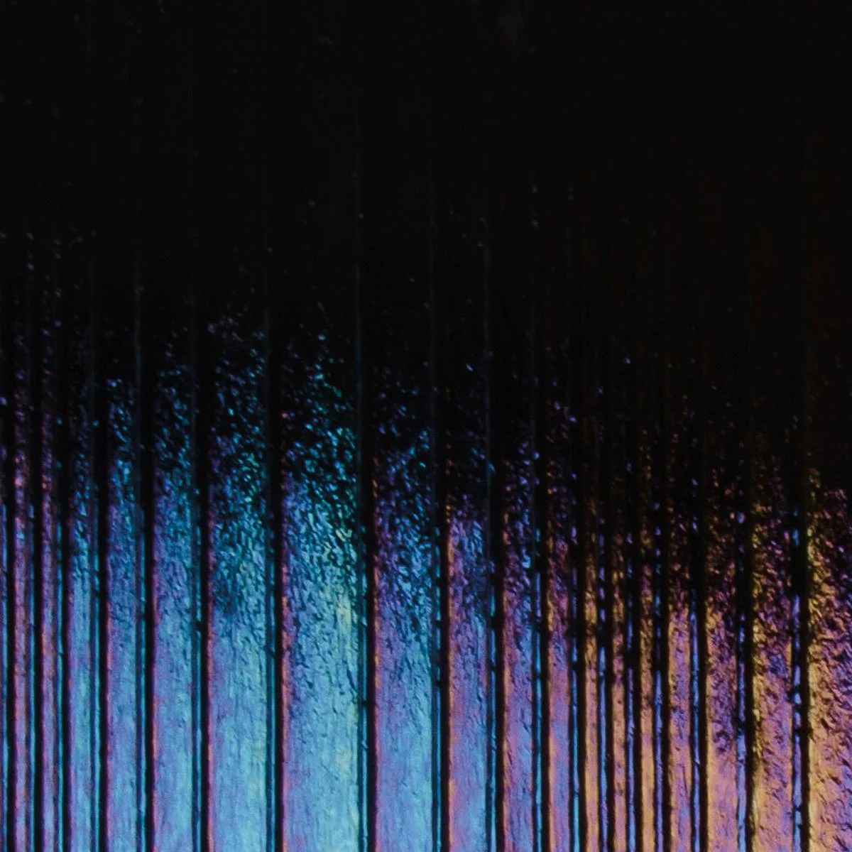 Black Opalescent, Thin, Accordion Texture, Iridescent, rainbow, 2 mm, Color Sample, 2 x 2 in.