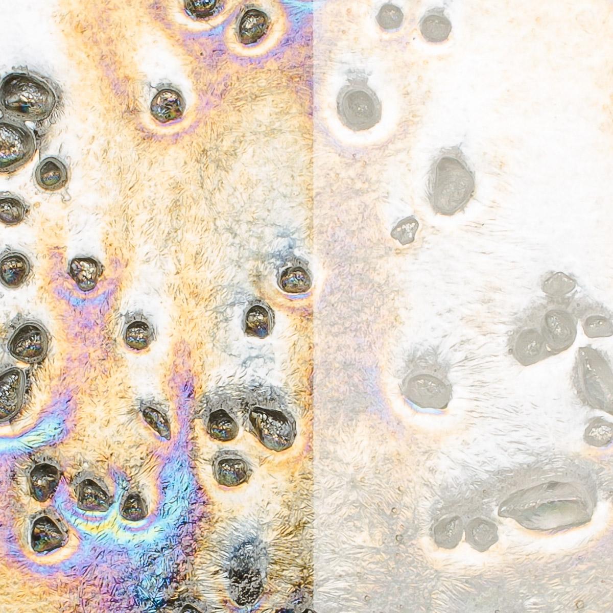 Clear with Clear Frit, Iridescent, Rainbow Clear Base Collage, Double-rolled, Iridescent, rainbow, 3 mm, Color Sample, 2 x 2 in.