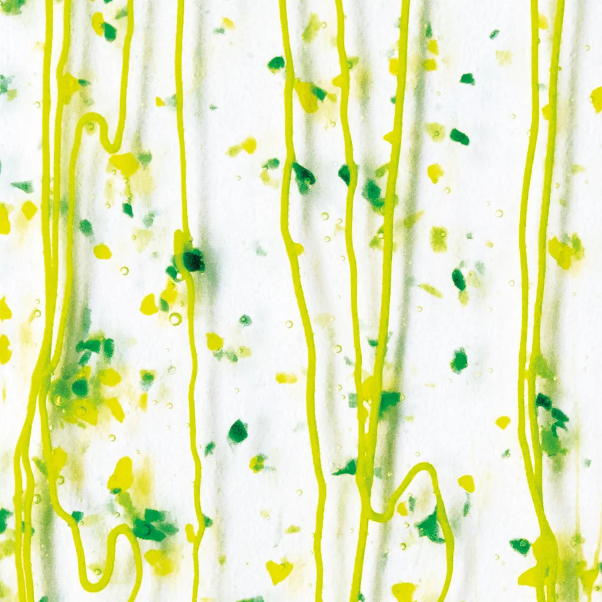 Dark Green, Spring Green, and Yellow Frit, Spring Green Streamers Clear Base Collage, Single-rolled, 3 mm, Color Sample, 2 x 2 in.