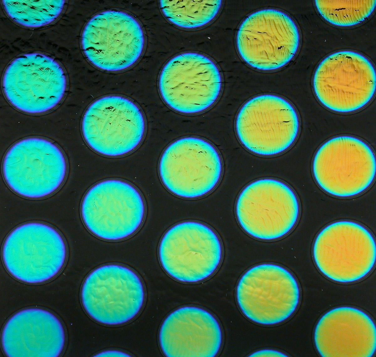 Dichro on Black, Lg Dots Opalescent, Thin-rolled, 2 mm, Fusible, 3 x 3 in.