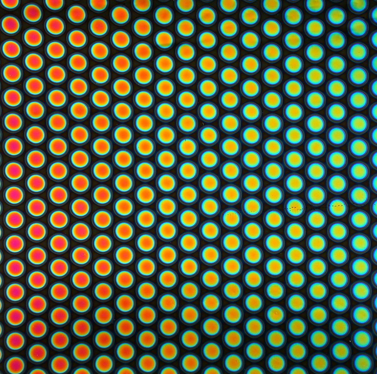 Dichro on Black, Med Dots Opalescent, Thin-rolled, 2 mm, Fusible, 3 x 3 in.
