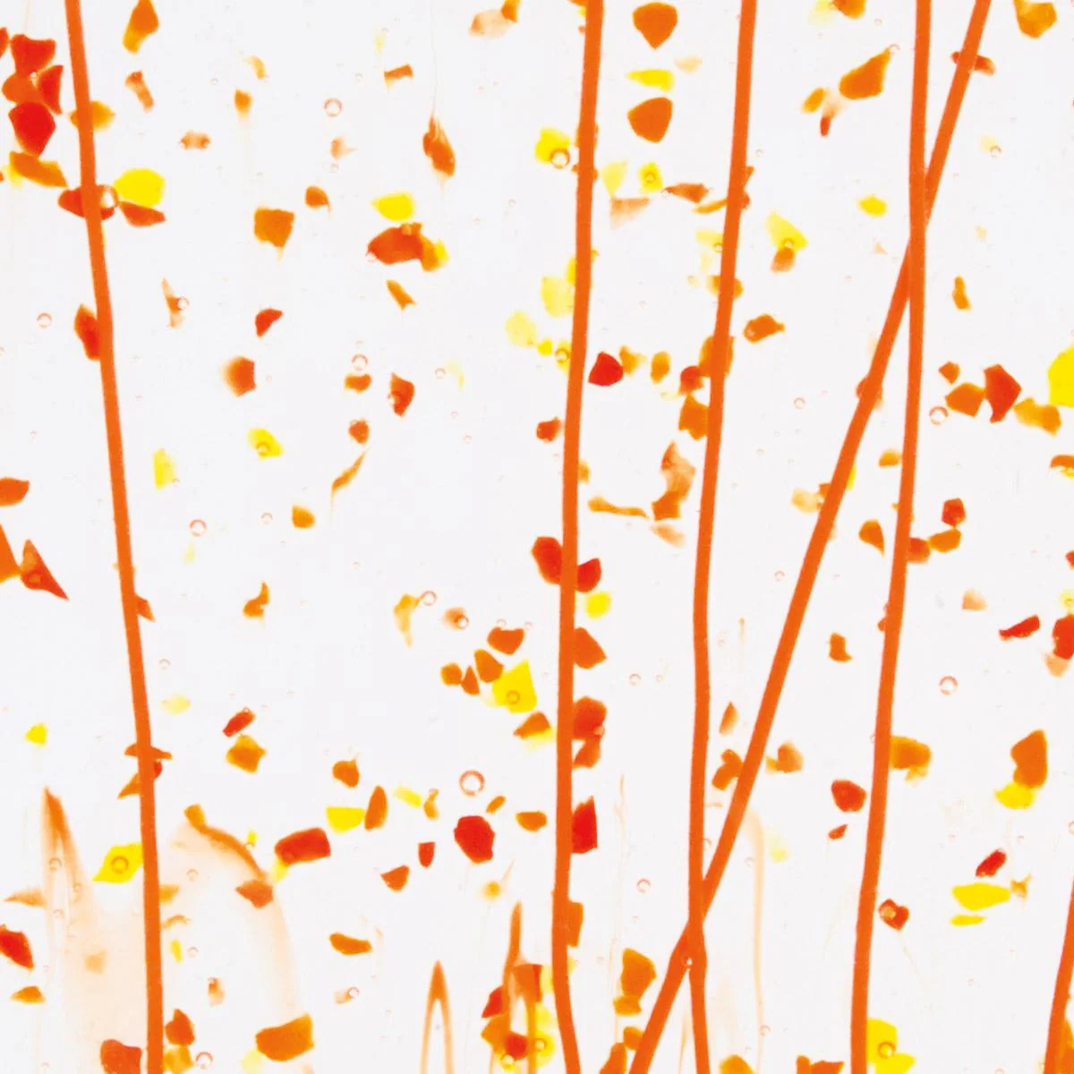 Red, Orange and Yellow Frit, Orange Streamers Clear Base Collage, Single-rolled, 3 mm, Color Sample, 2 x 2 in.